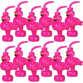 Lallisa Hawaiian Luau Summer Party Favor Gift Supplies Plastic Pink Flamingo Cups with Lids and Straws,10 oz Flamingo Cups Drinking Cups for Kids Toddlers Tropical Beach Party Favors(12 Pcs)