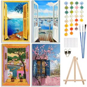 4 Pack Paint by Number Kit for Adults Framed Canvas, DIY Adult Paint by Number Kits with Easel, Acrylic Easy Paint by Numbers for Beginners, Window Landscapes Arts and Crafts for Home Decor 8x12inch