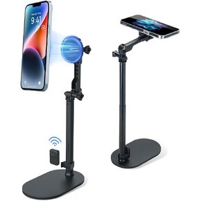 JJC Strong Magnetic Phone Desk Stand Compatible with MagSafe for iPhone 15, 14, 13, 12 Pro Max Plus, MagSafe Case & All Smartphones, Height & Angle Adjustable iPhone Stand with Wireless Remote Control