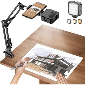Overhead Phone Mount, Articulating Arm Cell Phone Holder with LED Light, Flexible Phone Stand for Live Streaming,Video Recording,Drawing,Cooking