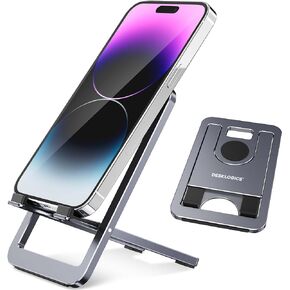 Portable Phone Stand for Desk, Aluminum Adjustable Cell Phone Holder, Foldable Travel Cellphone Dock Compatible with iPhone 15 14 13 Pro Max Mini, 12 11 XR 8 7 6 Plus SE (Grey)