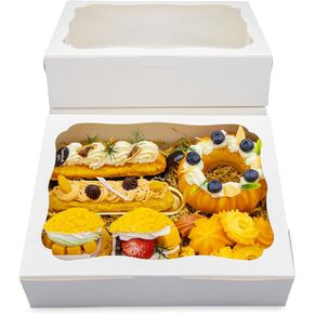 12pcs10x8x2.5 Inch White Bakery Boxes Treat Boxes with Window for Pastry, Cookie, Desserts, Chocolate Strawberries, Pies, Donuts, Muffins,Cupcake