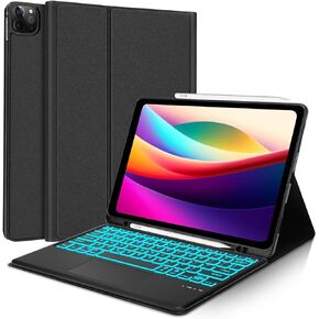 حافظة لوحة مفاتيح KVAGO لجهاز Air 13 بوصة (M2 2024، متوافقة مع iPad Pro 12.9 (الجيل الثالث والرابع والخامس والسادس) - إضاءة خلفية بـ 7 ألوان، لوحة تتبع مدمجة، لاسلكية قابلة للفصل - أسود مع حامل قلم رصاص in Kuwait