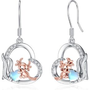 Axolotl Earrings for Girls 925 Sterling Silver Heart Dangle Earrings with Moonstone Cute Animal Earrings Jewelry Gifts for Women Girls