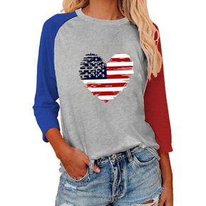 Womens 4th of July T Shirts Love Heart Shaped Crewneck Tops 3/4 Sleeve American Proud Comfy Tee