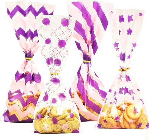 SIRAHOSI 100 Pcs Cellophane Treat Bags Heat Sealable Candy Bags with Twist Ties (Purple & Pink) in Saudi Arabia