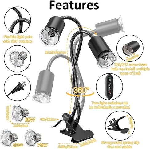 مصباح حراري للزواحف مع مشبك، 6 عبوات من مصابيح الحرارة السلحفاة UVA/UVB 25/50/75 وات مزدوجة الرأس 360 درجة توقيت قابل للدوران وتعتيم للتنين الملتحي والسحلية والسلحفاة والثعبان وحوض السمك (E26,110V) in Kuwait