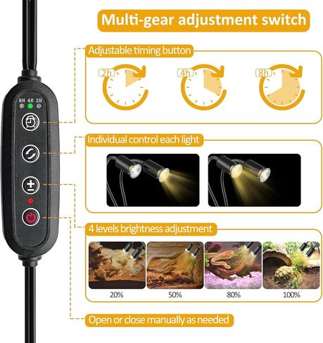 مصباح حراري للزواحف مع مشبك، 6 عبوات من مصابيح الحرارة السلحفاة UVA/UVB 25/50/75 وات مزدوجة الرأس 360 درجة توقيت قابل للدوران وتعتيم للتنين الملتحي والسحلية والسلحفاة والثعبان وحوض السمك (E26,110V) in Kuwait