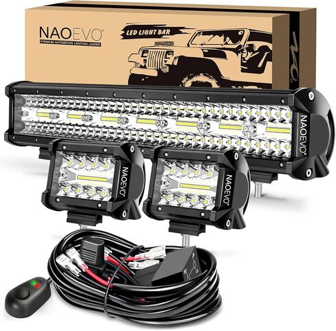 شريط إضاءة LED مقاس 20 بوصة من NAOEVO و2 قطعة مصابيح LED مقاس 4 بوصات، 100 وات 24000 لومن مقاومة للماء LED للطرق الوعرة/القيادة/أضواء الضباب، شريط إضاءة مجمع للفيضانات مع مجموعة أدوات تسخير الأسلاك - 3 سلاسل لشاحنة ATV قارب جيب in Kuwait