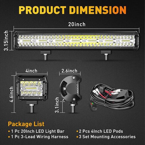 شريط إضاءة LED مقاس 20 بوصة من NAOEVO و2 قطعة مصابيح LED مقاس 4 بوصات، 100 وات 24000 لومن مقاومة للماء LED للطرق الوعرة/القيادة/أضواء الضباب، شريط إضاءة مجمع للفيضانات مع مجموعة أدوات تسخير الأسلاك - 3 سلاسل لشاحنة ATV قارب جيب in Kuwait