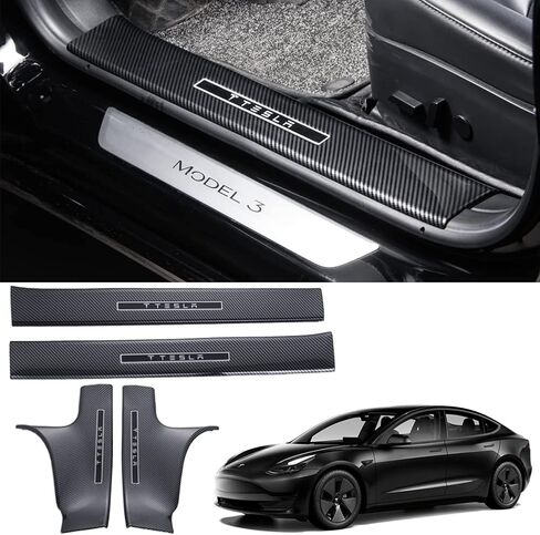 4PCS Door Sill Protector Glossy Carbon Fiber Pattern ABS for Tesla Model 3 2018 2019 2020 2021 2022 2023, Front Rear Door Entry Guard Decoration Scuff Plate Accessories in Saudi Arabia