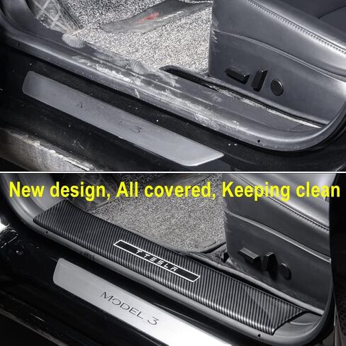 4PCS Door Sill Protector Glossy Carbon Fiber Pattern ABS for Tesla Model 3 2018 2019 2020 2021 2022 2023, Front Rear Door Entry Guard Decoration Scuff Plate Accessories in Saudi Arabia