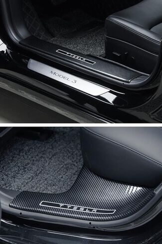 4PCS Door Sill Protector Glossy Carbon Fiber Pattern ABS for Tesla Model 3 2018 2019 2020 2021 2022 2023, Front Rear Door Entry Guard Decoration Scuff Plate Accessories in Saudi Arabia