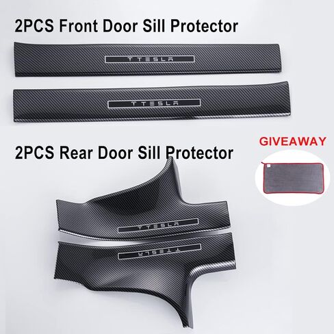 4PCS Door Sill Protector Glossy Carbon Fiber Pattern ABS for Tesla Model 3 2018 2019 2020 2021 2022 2023, Front Rear Door Entry Guard Decoration Scuff Plate Accessories in Saudi Arabia