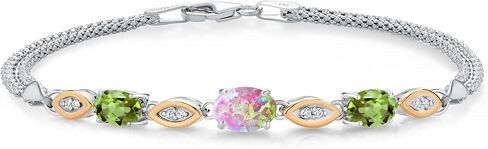 Gem Stone King 925 Silver and 10K Yellow Gold Simulated Pink Opal Green Peridot & Lab Grown Diamond Bracelet For Women (1.69 Cttw, Wheat Chain, 6.5/7/7.5 Inches) in Saudi Arabia