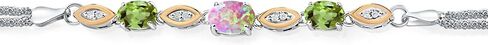 Gem Stone King 925 Silver and 10K Yellow Gold Simulated Pink Opal Green Peridot & Lab Grown Diamond Bracelet For Women (1.69 Cttw, Wheat Chain, 6.5/7/7.5 Inches) in Saudi Arabia