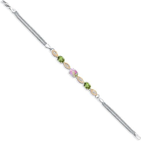 Gem Stone King 925 Silver and 10K Yellow Gold Simulated Pink Opal Green Peridot & Lab Grown Diamond Bracelet For Women (1.69 Cttw, Wheat Chain, 6.5/7/7.5 Inches) in Saudi Arabia