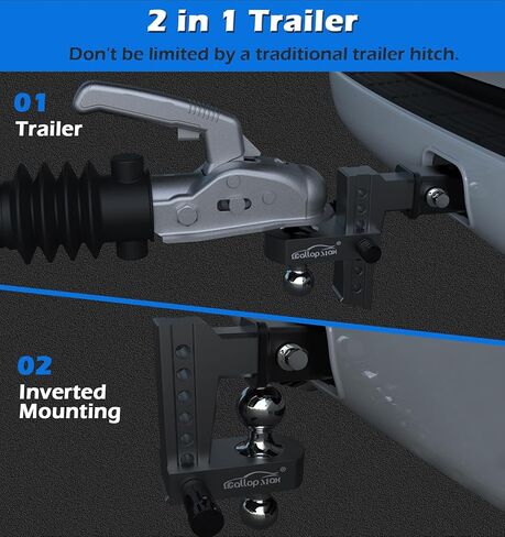 وصلة ربط المقطورة المصنوعة من الألومنيوم تناسب جهاز الاستقبال مقاس 2 بوصة فقط، ووزن 12,500 رطل GTW، ووصلة قطر/ارتفاع قابلة للتعديل مقاس 6 بوصات، و2 و2 5/16 كرات مع وصلات ثنائية الاتجاه in Kuwait