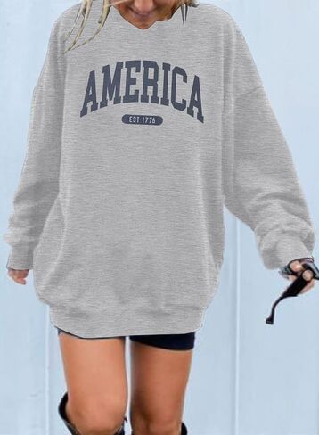 American Oversized Sweatshirt Women USA Shirt Patriotic TShirt Casual Long Sleeve Pullover 4th of July Tee Tops in Saudi Arabia