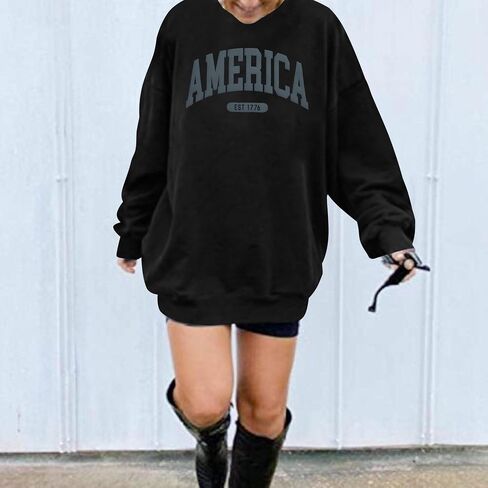 American Oversized Sweatshirt Women USA Shirt Patriotic TShirt Casual Long Sleeve Pullover 4th of July Tee Tops in Saudi Arabia