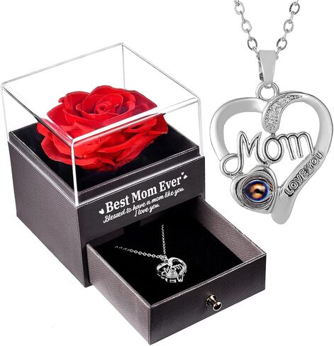 U UQUI Mothers Day Preserved Rose Gifts for Mom from Daughter Son, Flower Box with I Love You Necklace -Eternal Rose Gifts for Wife Girlfriend, Anniversary Birthday Gifts for Women in Saudi Arabia