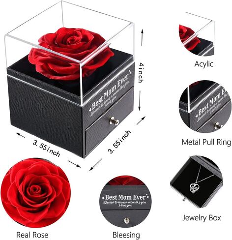 U UQUI Mothers Day Preserved Rose Gifts for Mom from Daughter Son, Flower Box with I Love You Necklace -Eternal Rose Gifts for Wife Girlfriend, Anniversary Birthday Gifts for Women in Saudi Arabia