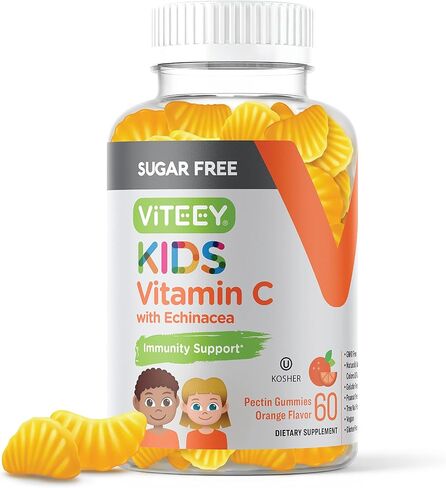 Kids Vitamin C Gummies 75mg, with Echinacea - Sugar Free - Immune Support for Kids, Toddlers, & Teens - Vegan, Gelatin Free, Gluten Free, GMO Free - Tasty Chewable Orange Flavored Kids Immunity Gummy in Saudi Arabia