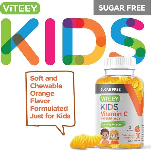 Kids Vitamin C Gummies 75mg, with Echinacea - Sugar Free - Immune Support for Kids, Toddlers, & Teens - Vegan, Gelatin Free, Gluten Free, GMO Free - Tasty Chewable Orange Flavored Kids Immunity Gummy in Saudi Arabia