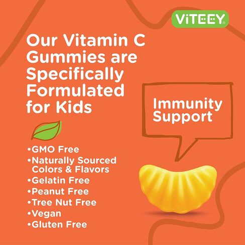 Kids Vitamin C Gummies 75mg, with Echinacea - Sugar Free - Immune Support for Kids, Toddlers, & Teens - Vegan, Gelatin Free, Gluten Free, GMO Free - Tasty Chewable Orange Flavored Kids Immunity Gummy in Saudi Arabia