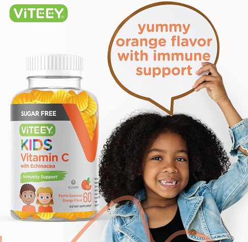 Kids Vitamin C Gummies 75mg, with Echinacea - Sugar Free - Immune Support for Kids, Toddlers, & Teens - Vegan, Gelatin Free, Gluten Free, GMO Free - Tasty Chewable Orange Flavored Kids Immunity Gummy in Saudi Arabia