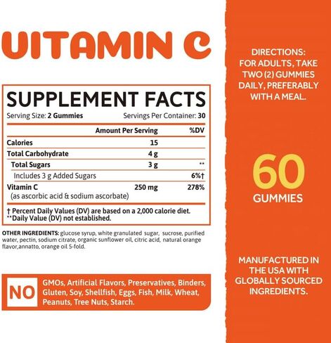 علكات فيتامين C 250 مجم، دعم المناعة، فوائد مضادة للأكسدة، تخليق الكولاجين، غير معدل وراثيًا، خالٍ من الغلوتين، نكهة البرتقال الطبيعية، قائم على البكتين، نباتي، 60 قيراط in Kuwait