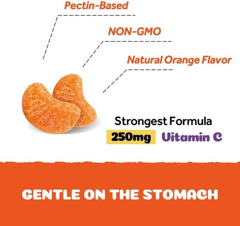علكات فيتامين C 250 مجم، دعم المناعة، فوائد مضادة للأكسدة، تخليق الكولاجين، غير معدل وراثيًا، خالٍ من الغلوتين، نكهة البرتقال الطبيعية، قائم على البكتين، نباتي، 60 قيراط in Kuwait
