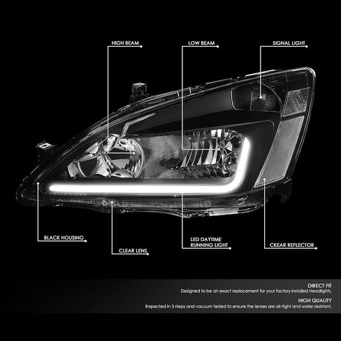 Auto Dynasty, Halogen Model, Factory Style L-Styling LED DRL Headlights Assembly Compatible With Honda Accord 7th Gen UC1 03-07, Driver and Passenger Side, Black Housing Clear Corner in Saudi Arabia