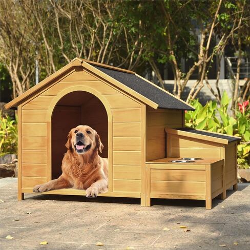 Dog House Outdoor Wooden Dog House Large Size, Dog Crate for Large Dog Breeds Cabin Style Raised Dog Shelter Houses with Asphalt Roof Solid Wood Weatherproof (51.18" L x 43.7" W x 37" H) in Saudi Arabia