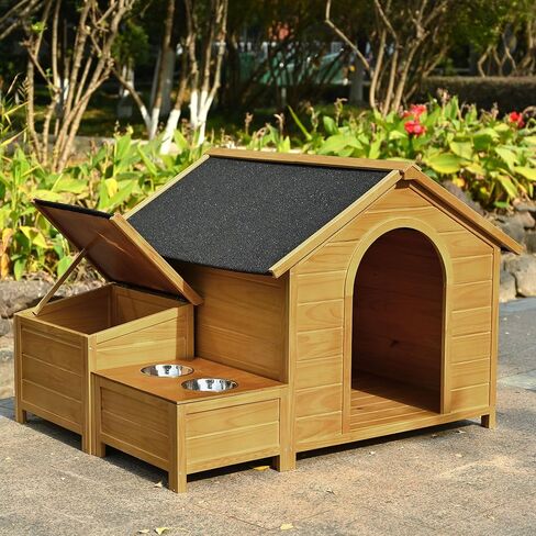 Dog House Outdoor Wooden Dog House Large Size, Dog Crate for Large Dog Breeds Cabin Style Raised Dog Shelter Houses with Asphalt Roof Solid Wood Weatherproof (51.18" L x 43.7" W x 37" H) in Saudi Arabia
