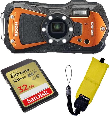 RICOH WG-80 كاميرا رقمية متعددة الاستخدامات مقاس 2.7 بوصة مع شاشة LCD | تسجيل أفلام عالية الدقة بالكامل | كاميرا بعدسة تكبير بصري 5X مع بطاقة ذاكرة UHS-I SDHC سعة 32 جيجابايت، ومجموعة حزمة حزام كاميرا Waith in Kuwait