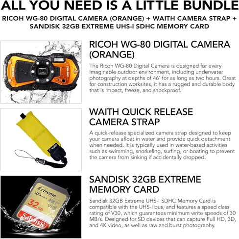 RICOH WG-80 كاميرا رقمية متعددة الاستخدامات مقاس 2.7 بوصة مع شاشة LCD | تسجيل أفلام عالية الدقة بالكامل | كاميرا بعدسة تكبير بصري 5X مع بطاقة ذاكرة UHS-I SDHC سعة 32 جيجابايت، ومجموعة حزمة حزام كاميرا Waith in Kuwait