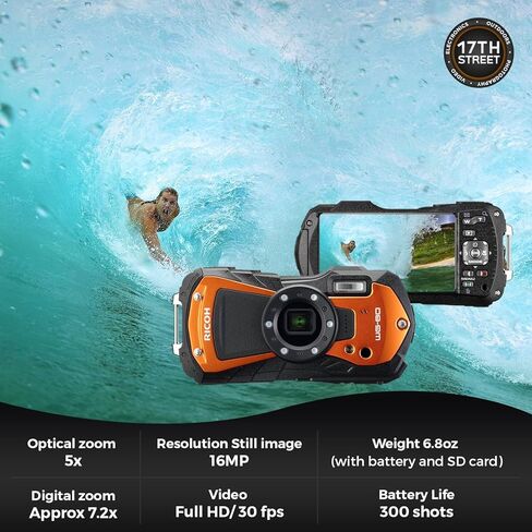 RICOH WG-80 كاميرا رقمية متعددة الاستخدامات مقاس 2.7 بوصة مع شاشة LCD | تسجيل أفلام عالية الدقة بالكامل | كاميرا بعدسة تكبير بصري 5X مع بطاقة ذاكرة UHS-I SDHC سعة 32 جيجابايت، ومجموعة حزمة حزام كاميرا Waith in Kuwait