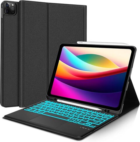 حافظة لوحة مفاتيح KVAGO لجهاز Air 13 بوصة (M2 2024، متوافقة مع iPad Pro 12.9 (الجيل الثالث والرابع والخامس والسادس) - إضاءة خلفية بـ 7 ألوان، لوحة تتبع مدمجة، لاسلكية قابلة للفصل - أسود مع حامل قلم رصاص in Kuwait