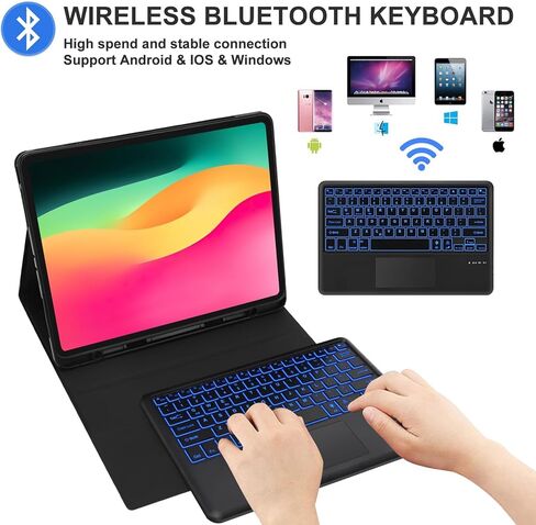 حافظة لوحة مفاتيح KVAGO لجهاز Air 13 بوصة (M2 2024، متوافقة مع iPad Pro 12.9 (الجيل الثالث والرابع والخامس والسادس) - إضاءة خلفية بـ 7 ألوان، لوحة تتبع مدمجة، لاسلكية قابلة للفصل - أسود مع حامل قلم رصاص in Kuwait