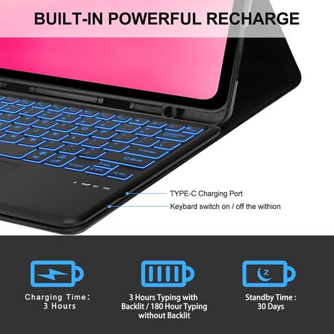 حافظة لوحة مفاتيح KVAGO لجهاز Air 13 بوصة (M2 2024، متوافقة مع iPad Pro 12.9 (الجيل الثالث والرابع والخامس والسادس) - إضاءة خلفية بـ 7 ألوان، لوحة تتبع مدمجة، لاسلكية قابلة للفصل - أسود مع حامل قلم رصاص in Kuwait