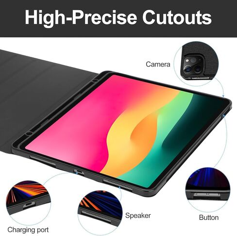 حافظة لوحة مفاتيح KVAGO لجهاز Air 13 بوصة (M2 2024، متوافقة مع iPad Pro 12.9 (الجيل الثالث والرابع والخامس والسادس) - إضاءة خلفية بـ 7 ألوان، لوحة تتبع مدمجة، لاسلكية قابلة للفصل - أسود مع حامل قلم رصاص in Kuwait