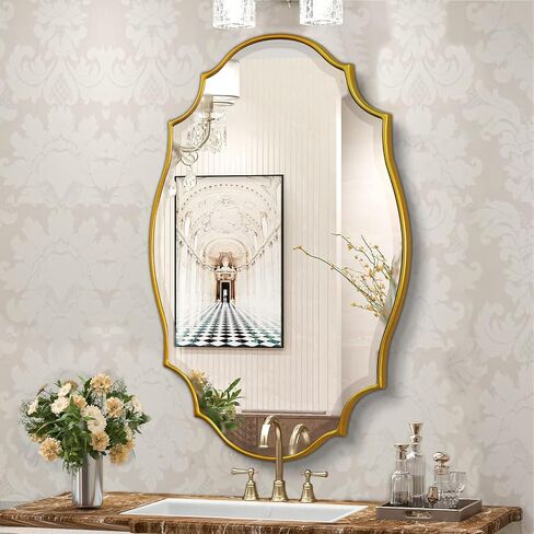 Scalloped Oval Wall Mirror, 24“X36" Gold Bathroom Vanity Mirror, Ornate Decorative Mirror for Living Room, Washroom, Bedroom in Kuwait