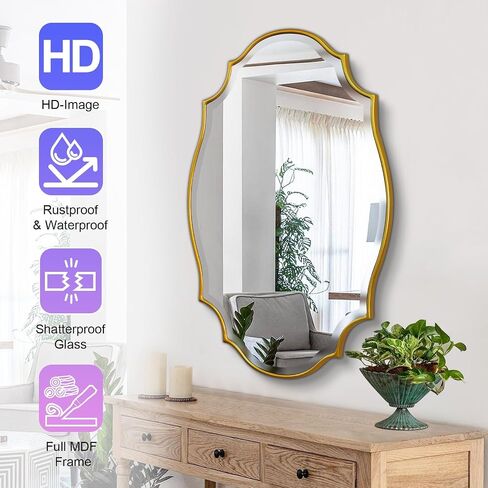 Scalloped Oval Wall Mirror, 24“X36" Gold Bathroom Vanity Mirror, Ornate Decorative Mirror for Living Room, Washroom, Bedroom in Kuwait