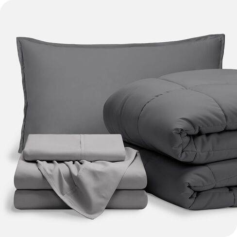 طقم لحاف وملاءات من Bare Home Bed-in-A-Bag مكون من 5 قطع - Twin XL - بديل من ريش الأوز - طقم سرير ممتاز 1800 فائق النعومة (Twin XL، رمادي/رمادي فاتح) in Kuwait