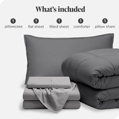 طقم لحاف وملاءات من Bare Home Bed-in-A-Bag مكون من 5 قطع - Twin XL - بديل من ريش الأوز - طقم سرير ممتاز 1800 فائق النعومة (Twin XL، رمادي/رمادي فاتح) in Kuwait