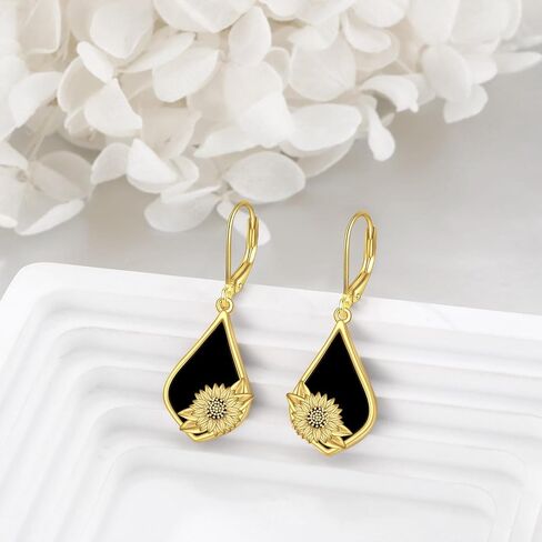 Sunflower Earrings Sterling Silver Black Onyx Dangle Earrings Sunflower Flower Jewelry Valentine's Day Jewelry Gifts for Women Girls in Saudi Arabia