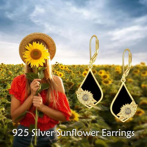 Sunflower Earrings Sterling Silver Black Onyx Dangle Earrings Sunflower Flower Jewelry Valentine's Day Jewelry Gifts for Women Girls in Saudi Arabia
