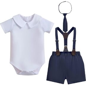Baby Boys Formal Suit Set Short Sleeve Romper Suspenders Shorts Necktie Infant Gentleman Wedding Outfits in Kuwait