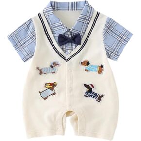 Newborn Baby Boy Summer Romper Dachshund Preppy Fake 2-Piece Outfit Cotton Infant Jumpsuit in Saudi Arabia